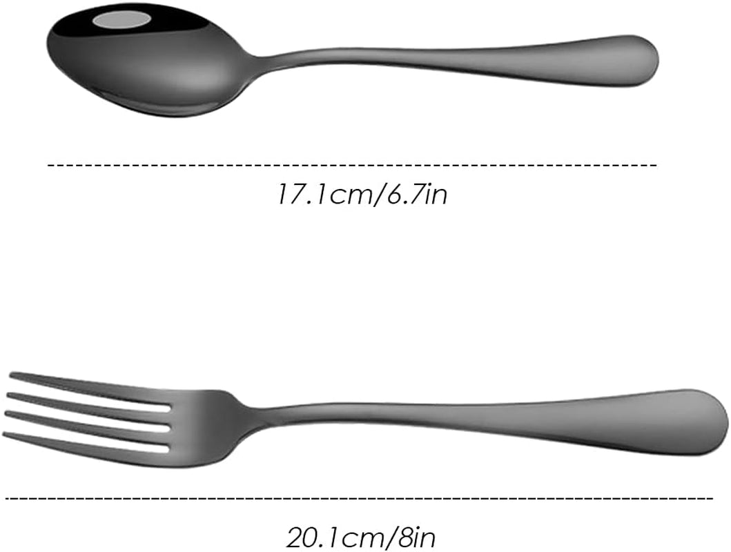 Set of 12, Black Plated Stainless Steel Dinner Forks and Spoons,  Heavy-Duty Forks (8 Inch) and Spoons (7 Inch) Cutlery Set- Black