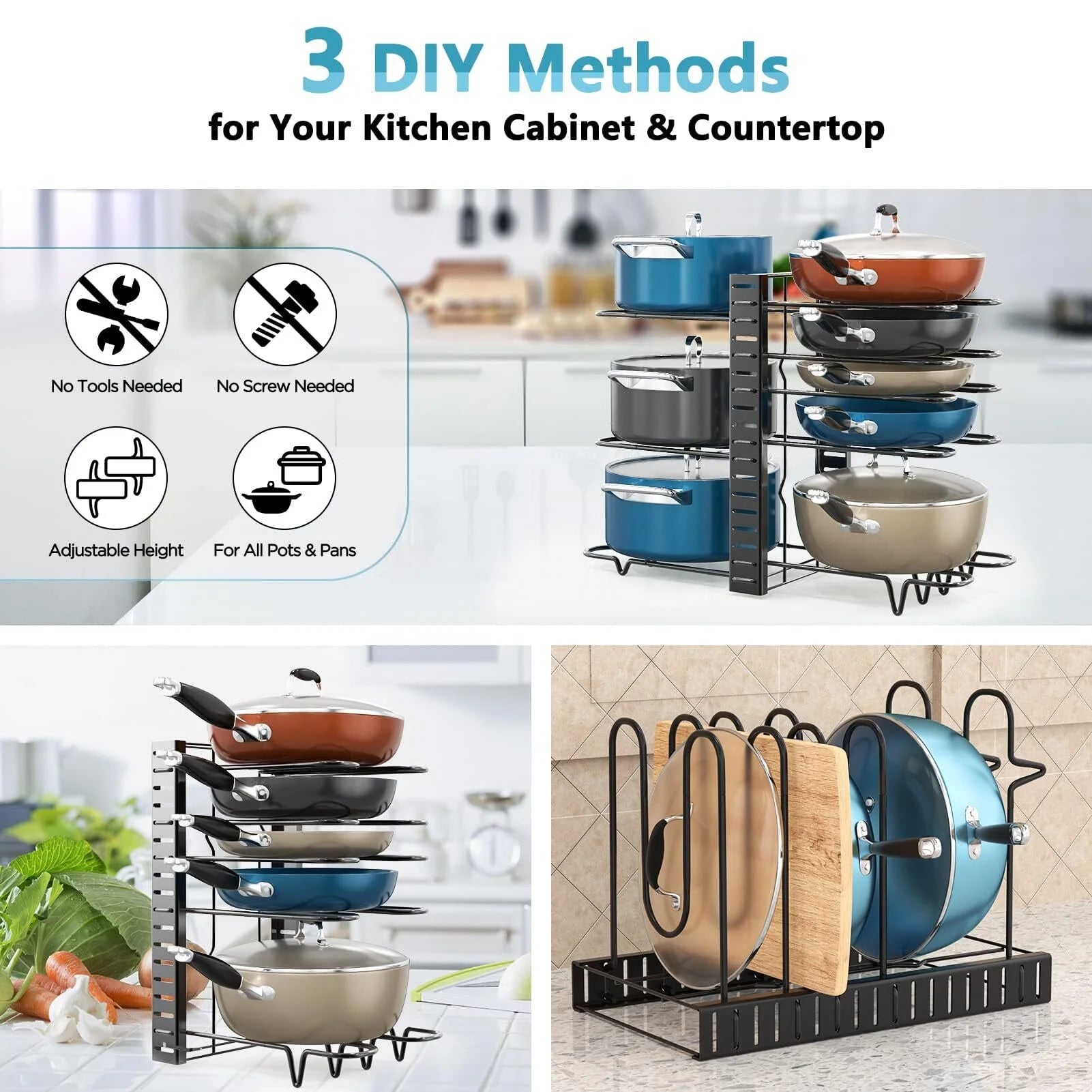 Pot Organizer Rack 8 Tiers Pots and Pans Organizer, Pot Lid Organizer for Kitchen Cabinet Cookware Organizers and Storage,Upgraded