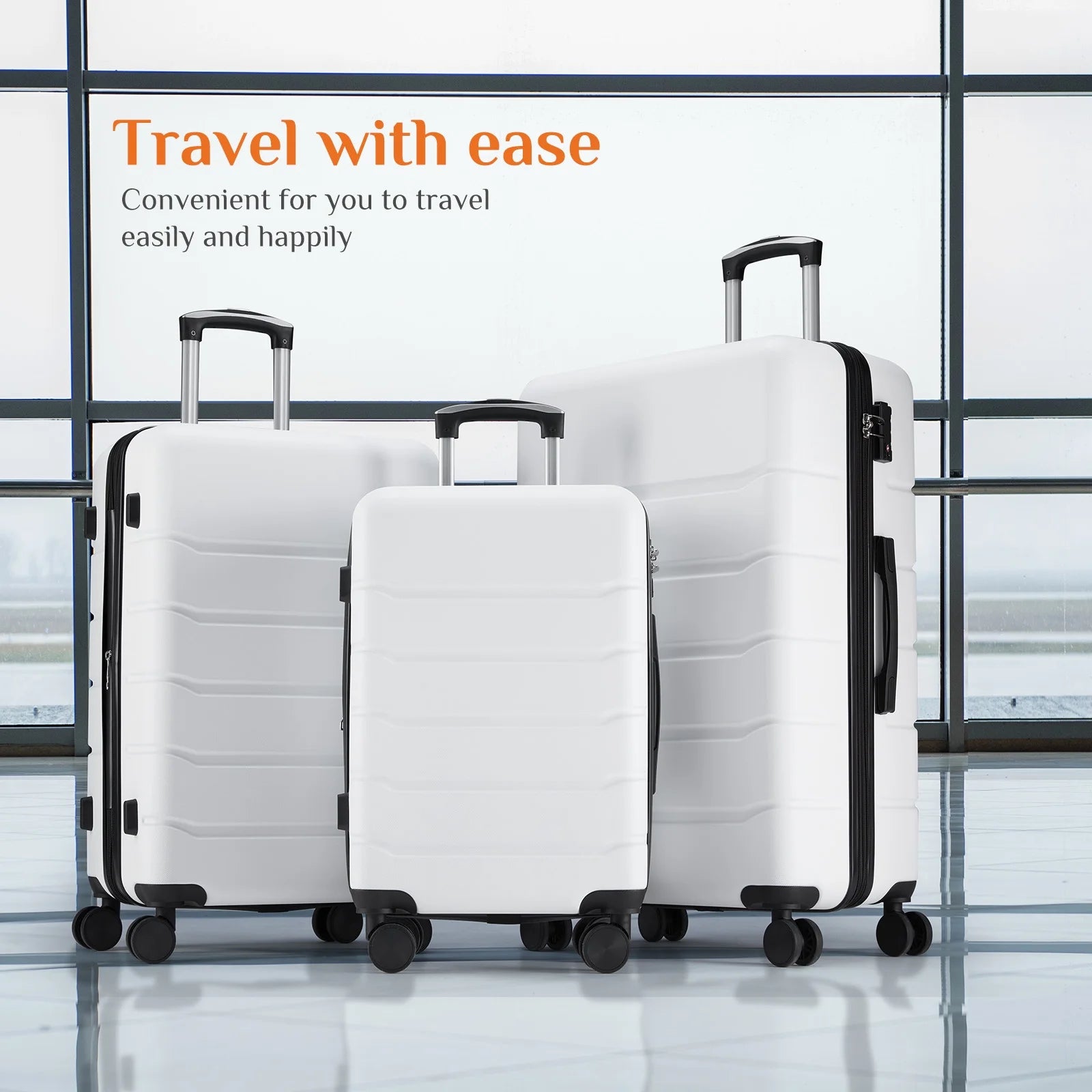 3 Pcs ABS Hardside Luggage Sets, Lightweight Expandable Hard Shell Rolling Suitcase TSA Lock Spinner Wheel Suit Cases, White