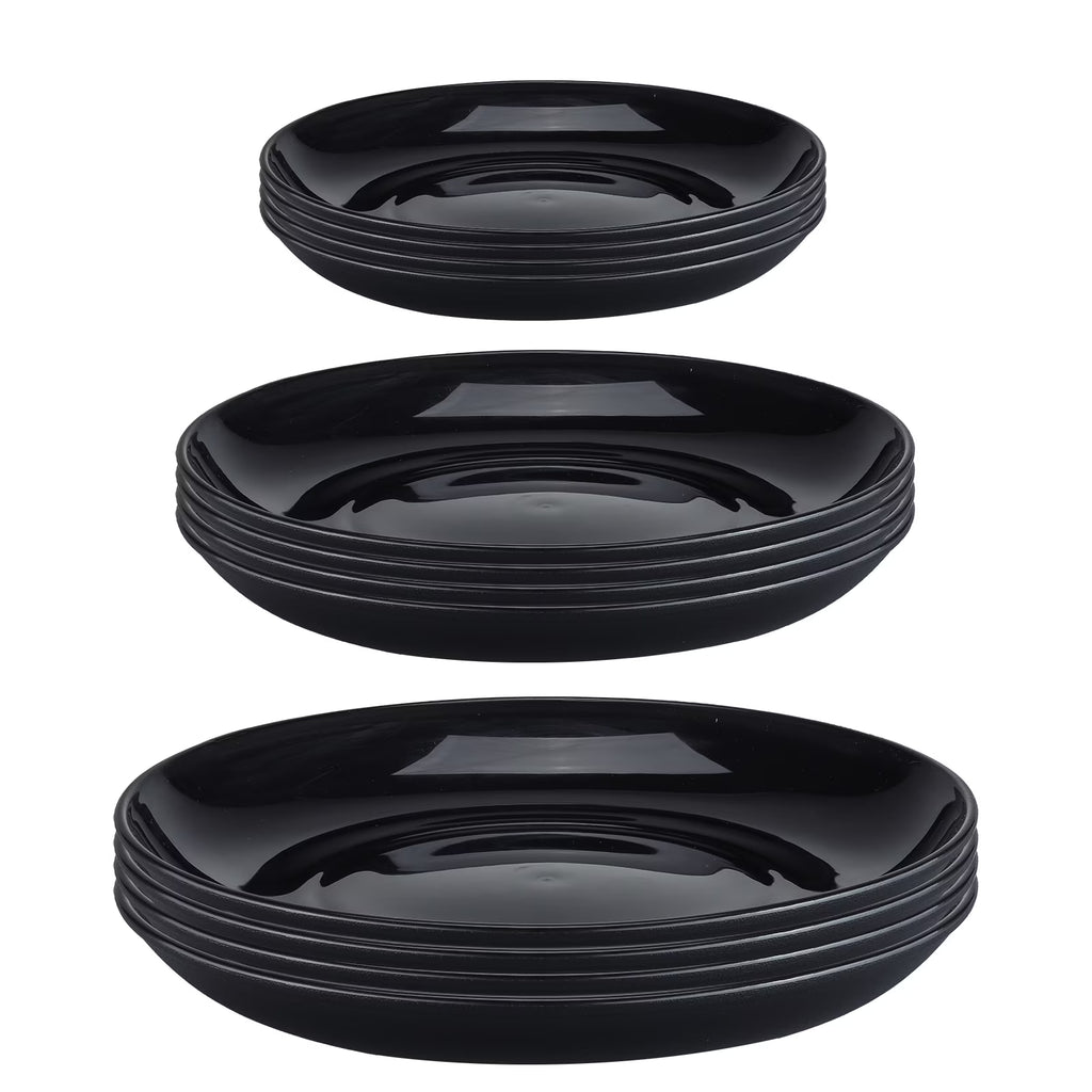 12 Pack Dinner Plates Set Black Dinnerware, Reuseable Bpa-Free Dinner Plates, Salad Plates, Dessert Plates, 3 Size Lightweight Unbreakable Plates, Microwave and Dishwasher Safe