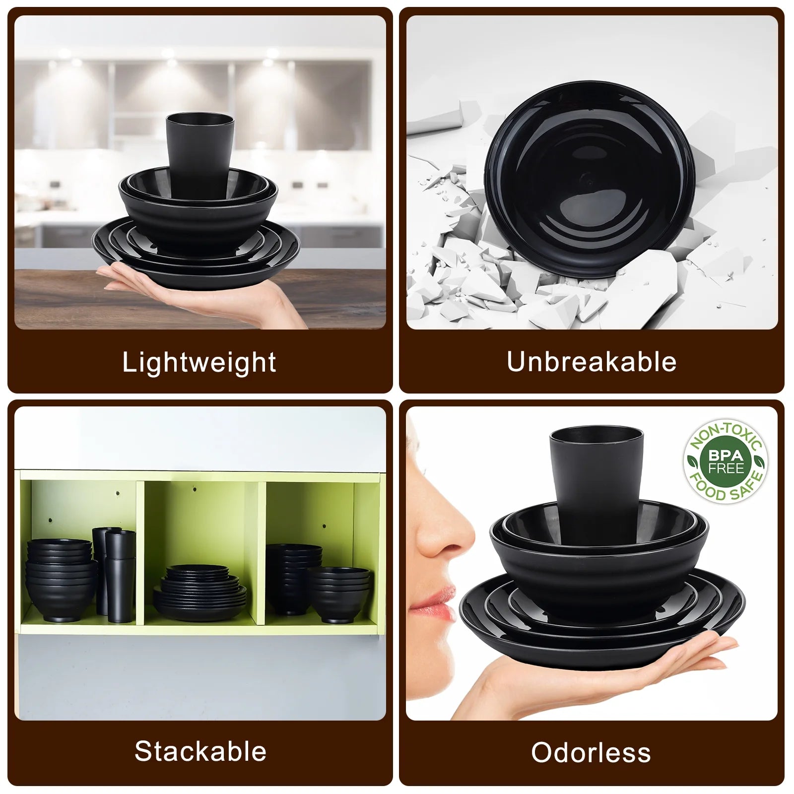 12 Pack Dinner Plates Set Black Dinnerware, Reuseable Bpa-Free Dinner Plates, Salad Plates, Dessert Plates, 3 Size Lightweight Unbreakable Plates, Microwave and Dishwasher Safe