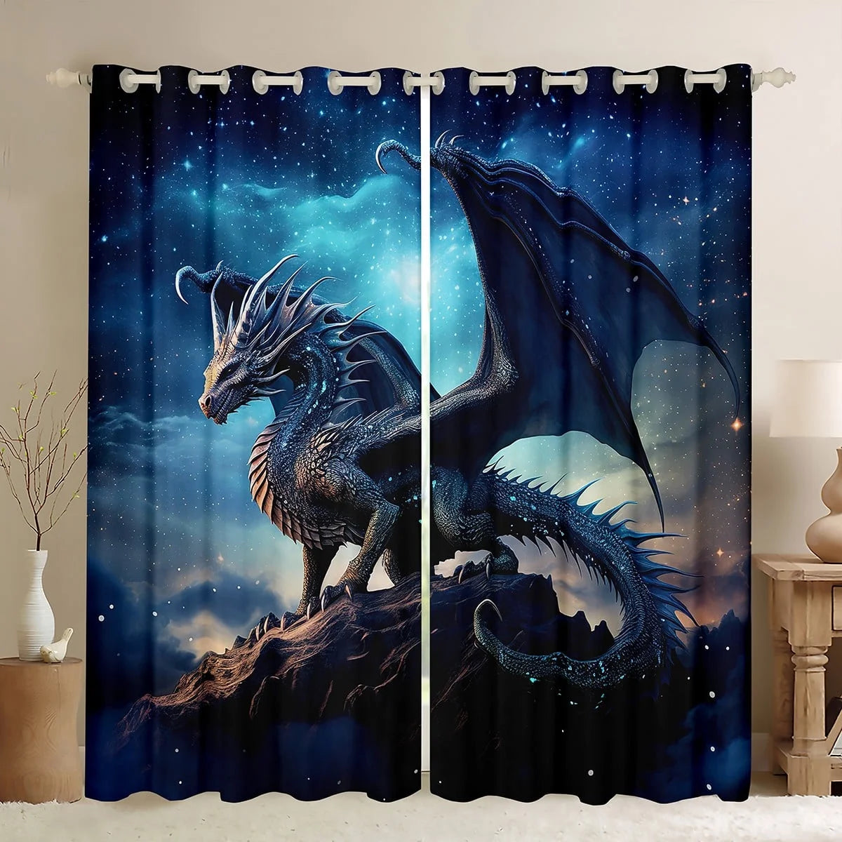 3D Dragon Curtains Magic Blackout Curtains, Blue Galaxy Curtains & Drapes Magical Animal Bedroom Curtains, Mic Stars Window Treatments Bedroom Decor