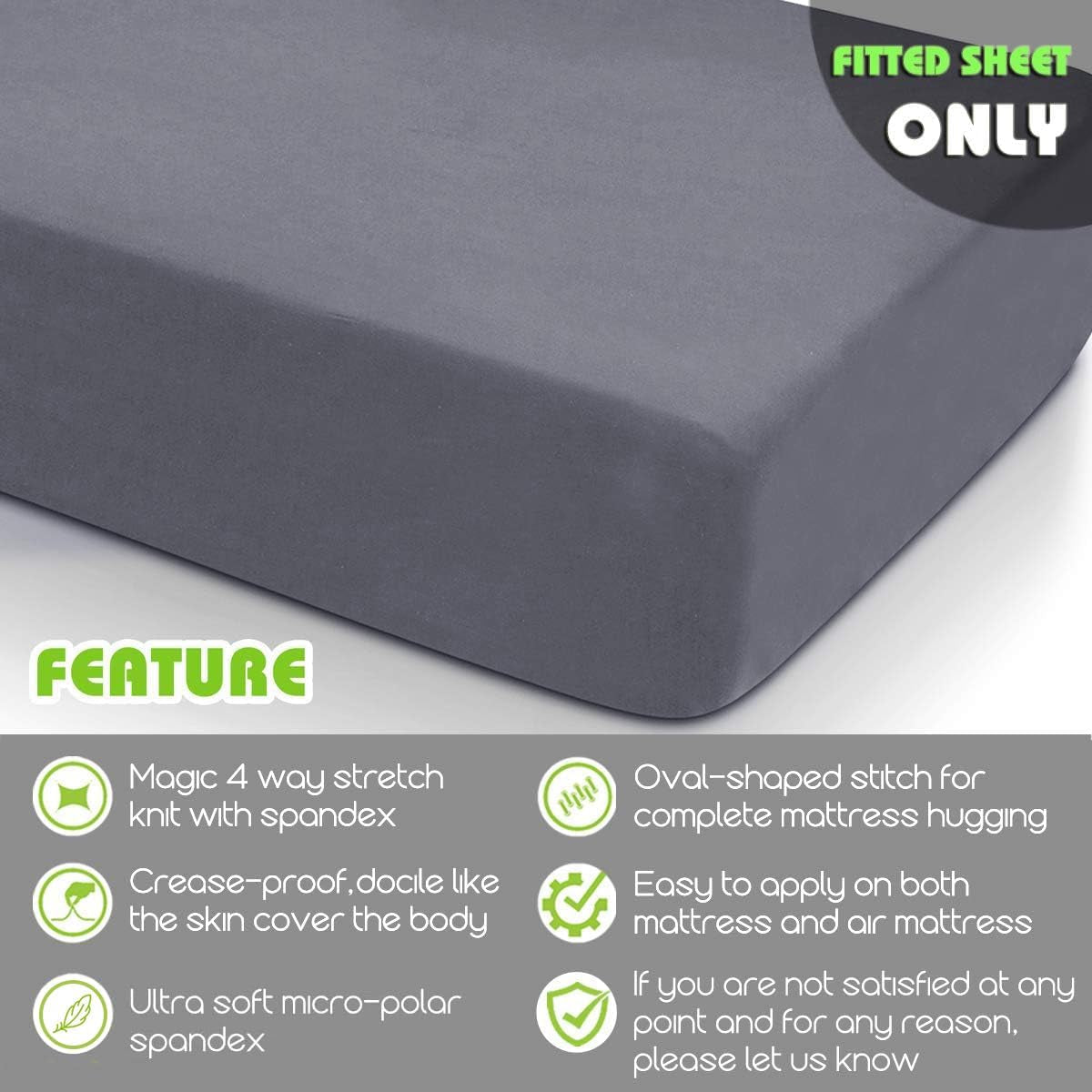 Fitted Sheet-  Twin Fitted Sheet Only（No Flat Sheet or Pillow Shams）,4 Way Stretch Micro-Knit,Snug Fit,Wrinkle Free,For Standard Mattress and Air Bed Mattress from 8” up to 10”,Gray