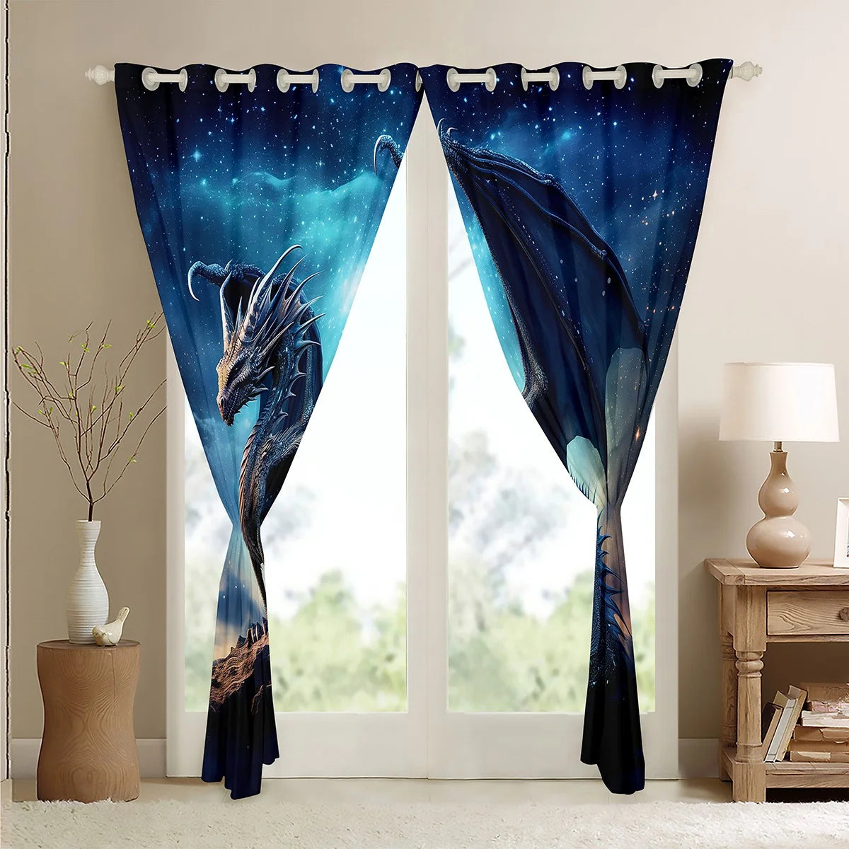 3D Dragon Curtains Magic Blackout Curtains, Blue Galaxy Curtains & Drapes Magical Animal Bedroom Curtains, Mic Stars Window Treatments Bedroom Decor