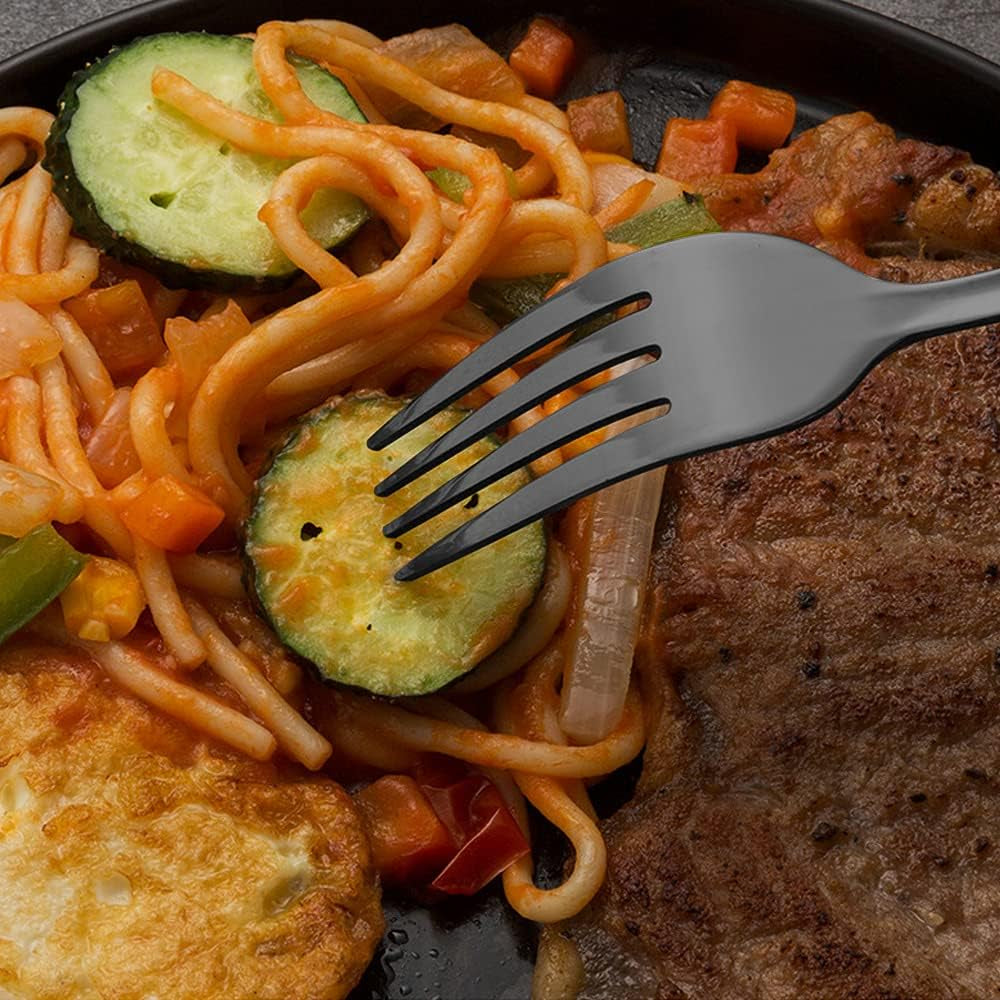 Set of 12, Black Plated Stainless Steel Dinner Forks and Spoons,  Heavy-Duty Forks (8 Inch) and Spoons (7 Inch) Cutlery Set- Black