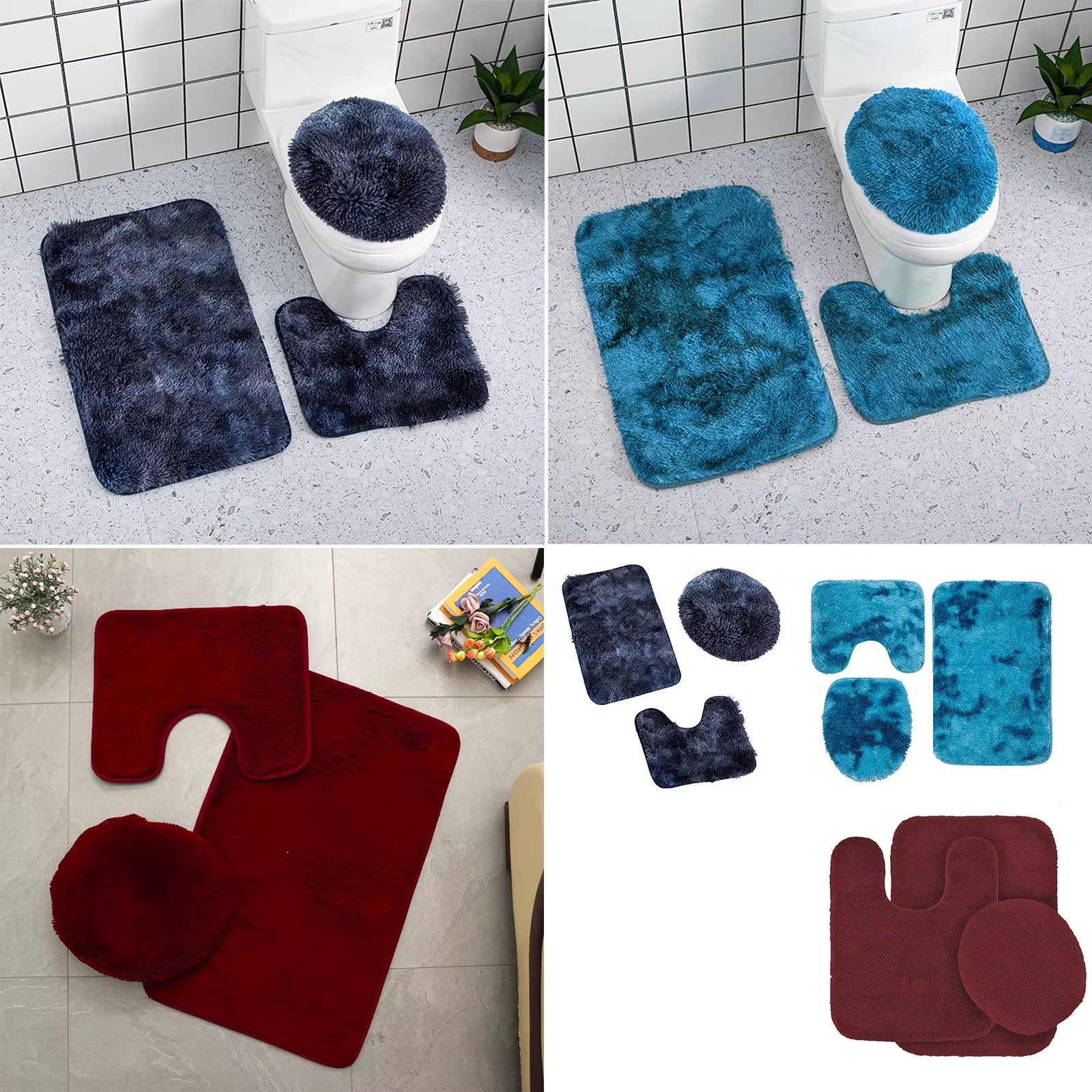 Solid Color 3 Piece Bathroom Rug Set Bath Rug, Contour Mat, & Lid Cover Non-Slip with Rubber Backing Solid Color New Bathmats