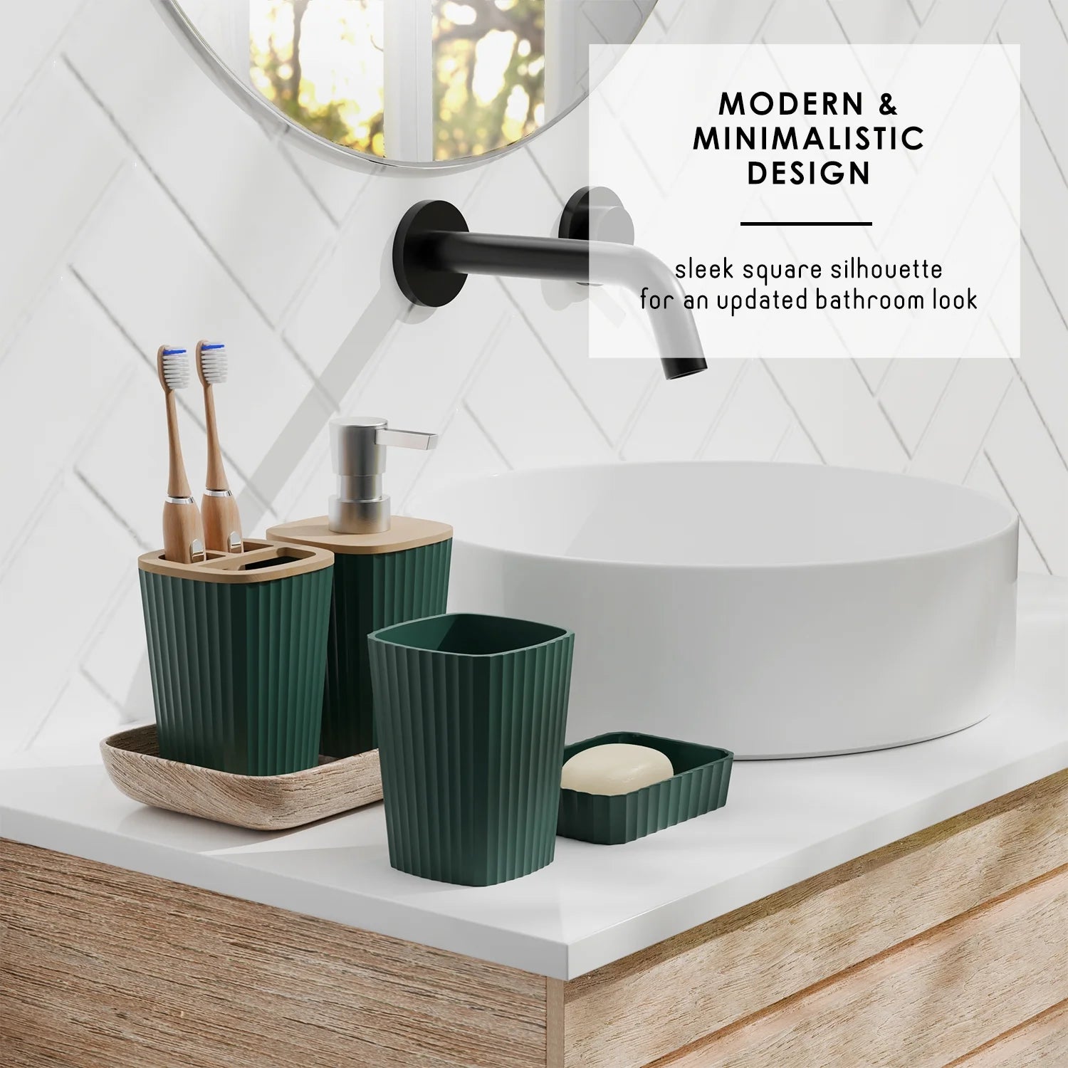 Virtu 6 Piece Bamboo Bathroom Sets, Hunter Green Bathroom Accessories Set for Minimalistic Bathroom Décor