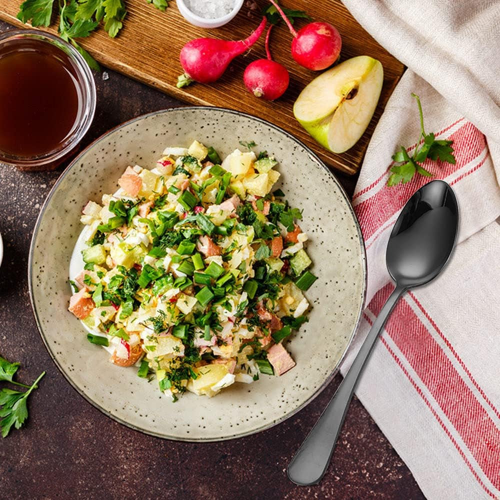 Set of 12, Black Plated Stainless Steel Dinner Forks and Spoons,  Heavy-Duty Forks (8 Inch) and Spoons (7 Inch) Cutlery Set- Black