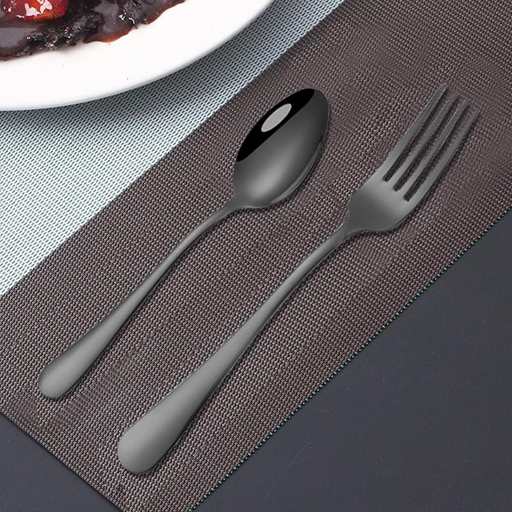 Set of 12, Black Plated Stainless Steel Dinner Forks and Spoons,  Heavy-Duty Forks (8 Inch) and Spoons (7 Inch) Cutlery Set- Black