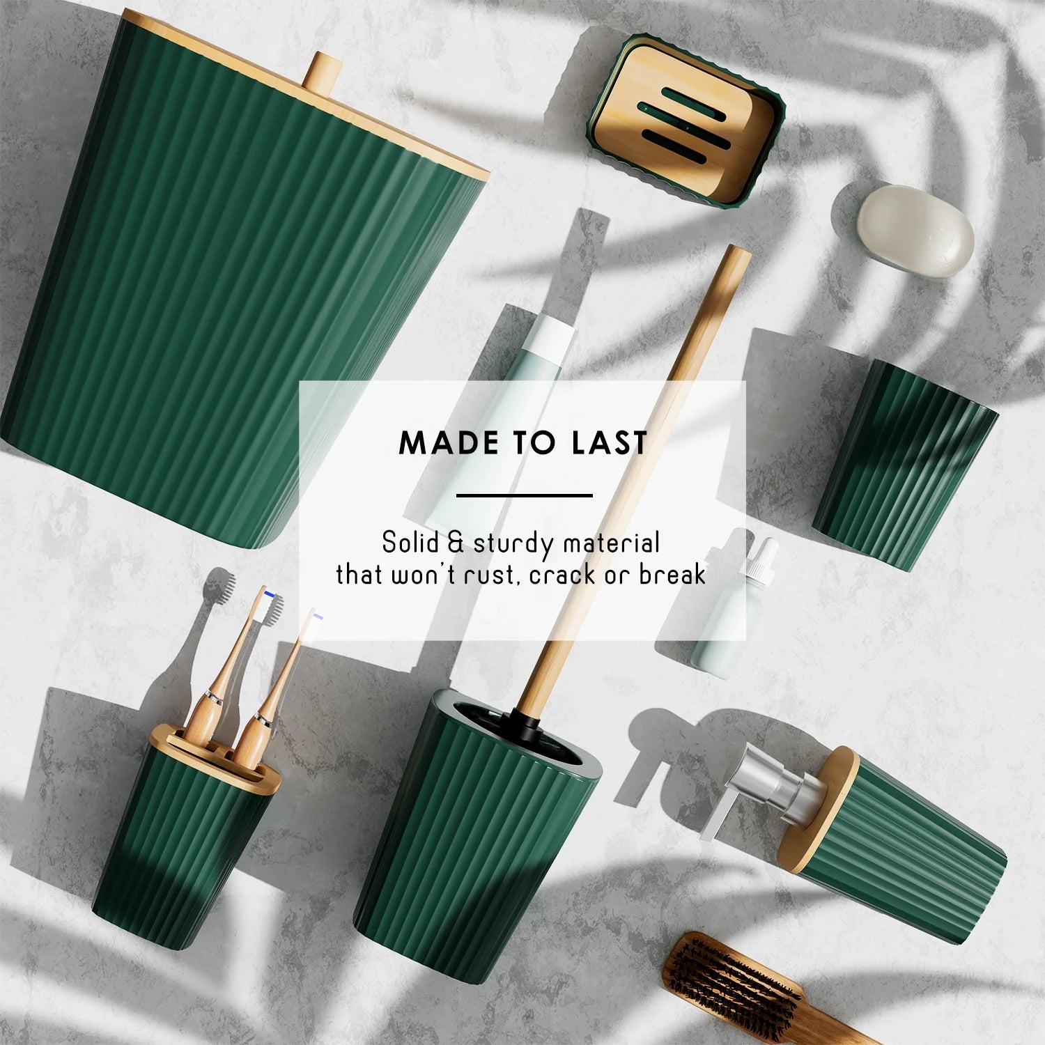 Virtu 6 Piece Bamboo Bathroom Sets, Hunter Green Bathroom Accessories Set for Minimalistic Bathroom Décor