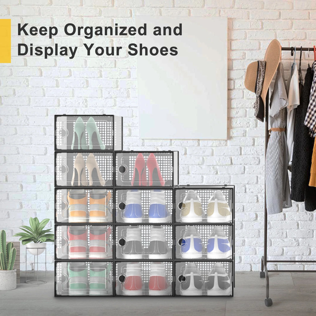 X-Large Shoe Storage Boxes,12 Pack Shoe Storage Organizers,Clear Stackable Shoe Boxes for Closet,Foldable Shoe Racks,Sneaker Storage Boxes (Black)
