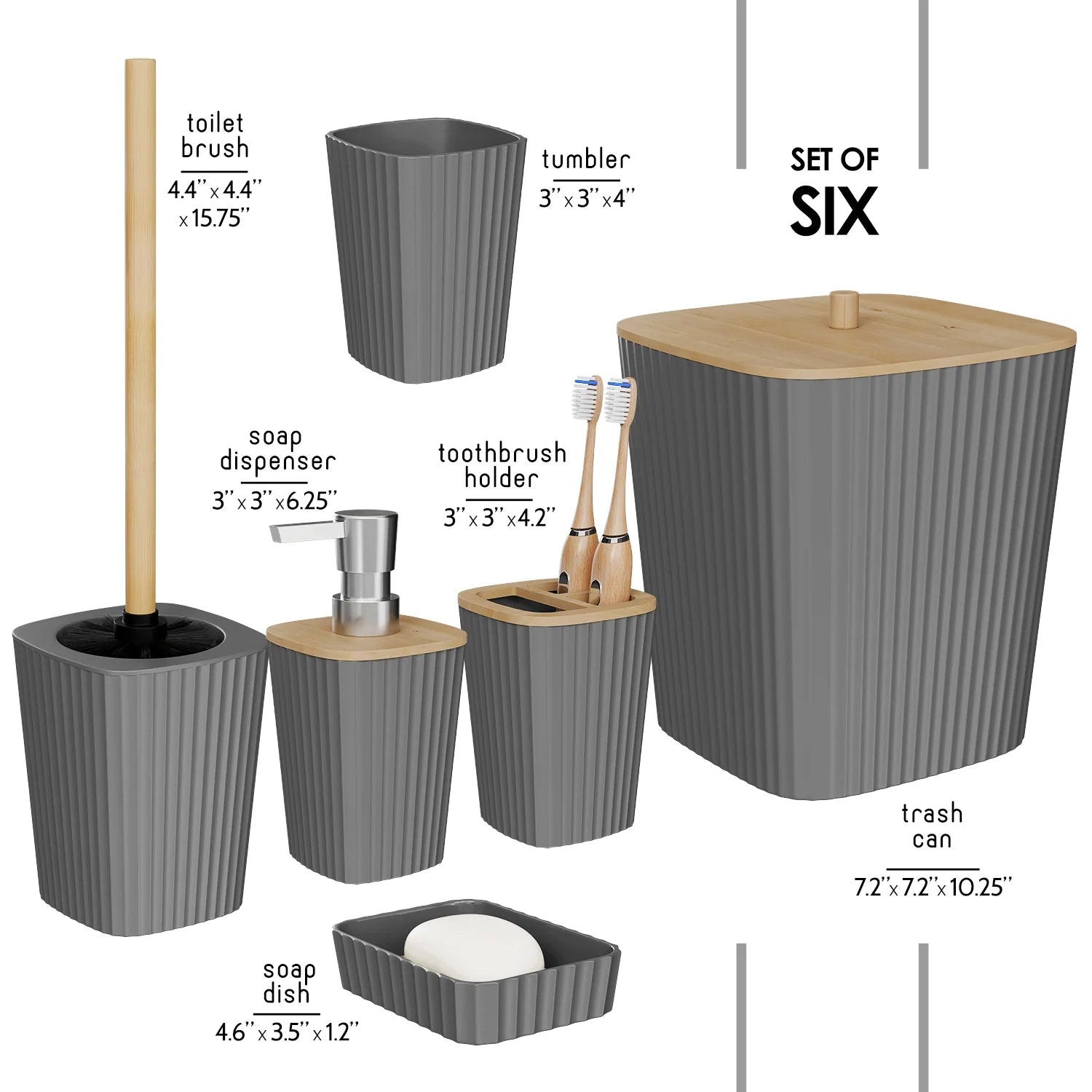 Virtu 6 Piece Bamboo Bathroom Sets, Gray Bathroom Accessories Set for Minimalistic Bathroom Décor