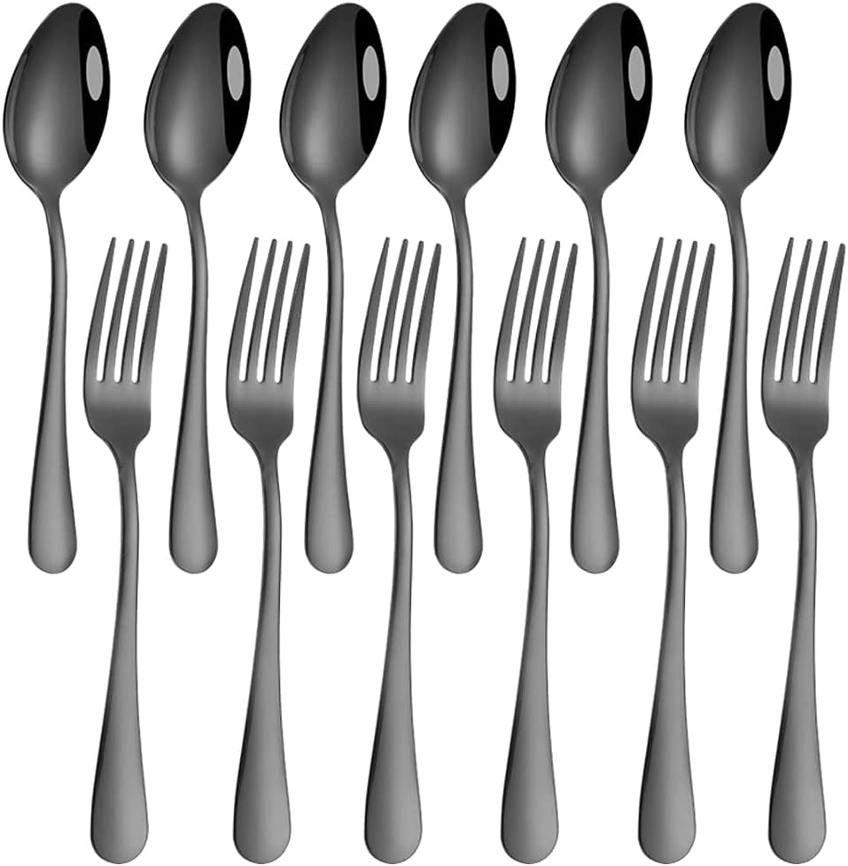Set of 12, Black Plated Stainless Steel Dinner Forks and Spoons,  Heavy-Duty Forks (8 Inch) and Spoons (7 Inch) Cutlery Set- Black