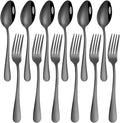 Set of 12, Black Plated Stainless Steel Dinner Forks and Spoons,  Heavy-Duty Forks (8 Inch) and Spoons (7 Inch) Cutlery Set- Black