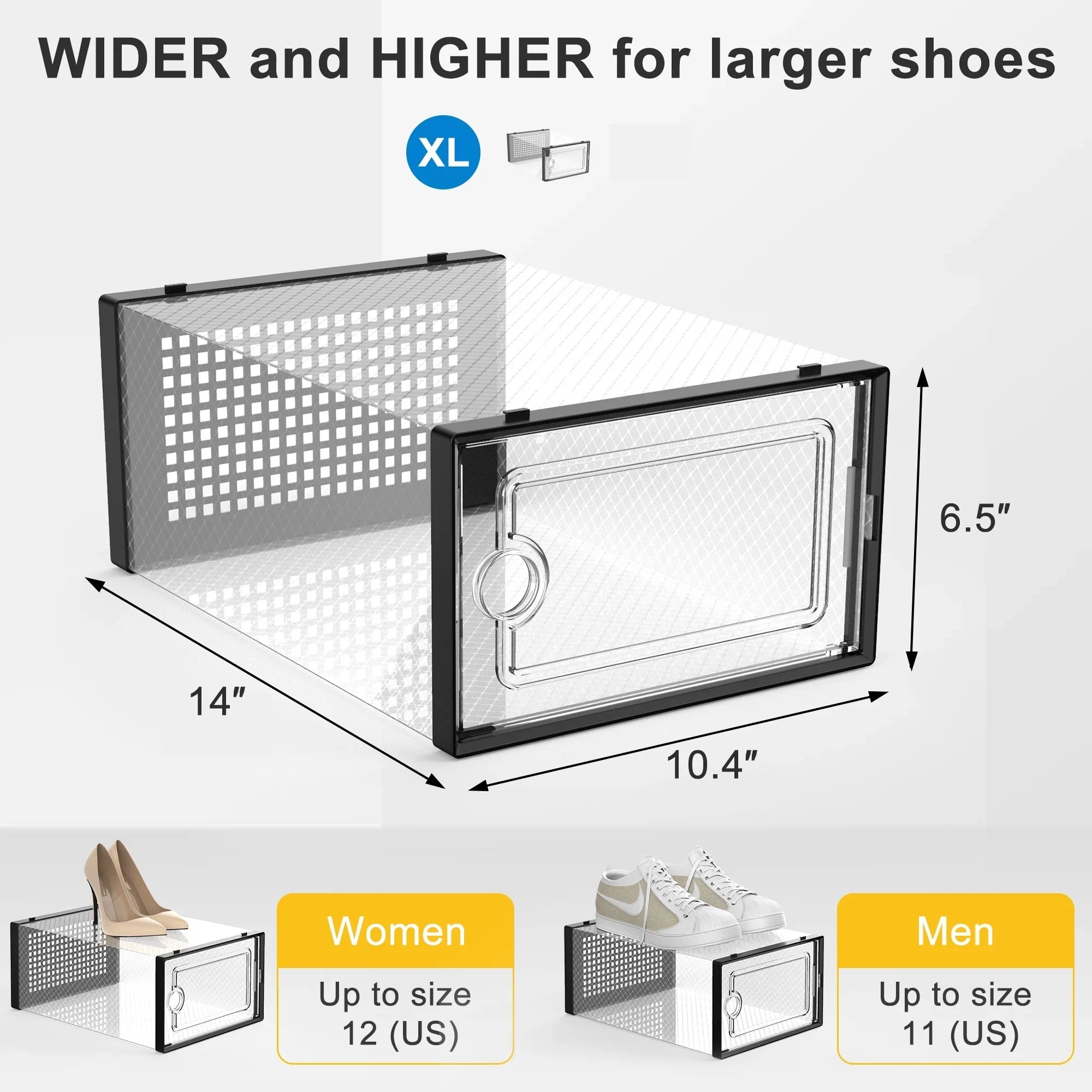 X-Large Shoe Storage Boxes,12 Pack Shoe Storage Organizers,Clear Stackable Shoe Boxes for Closet,Foldable Shoe Racks,Sneaker Storage Boxes (Black)