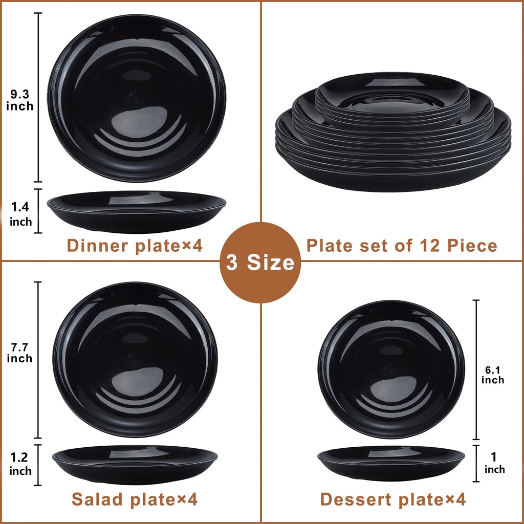 12 Pack Dinner Plates Set Black Dinnerware, Reuseable Bpa-Free Dinner Plates, Salad Plates, Dessert Plates, 3 Size Lightweight Unbreakable Plates, Microwave and Dishwasher Safe