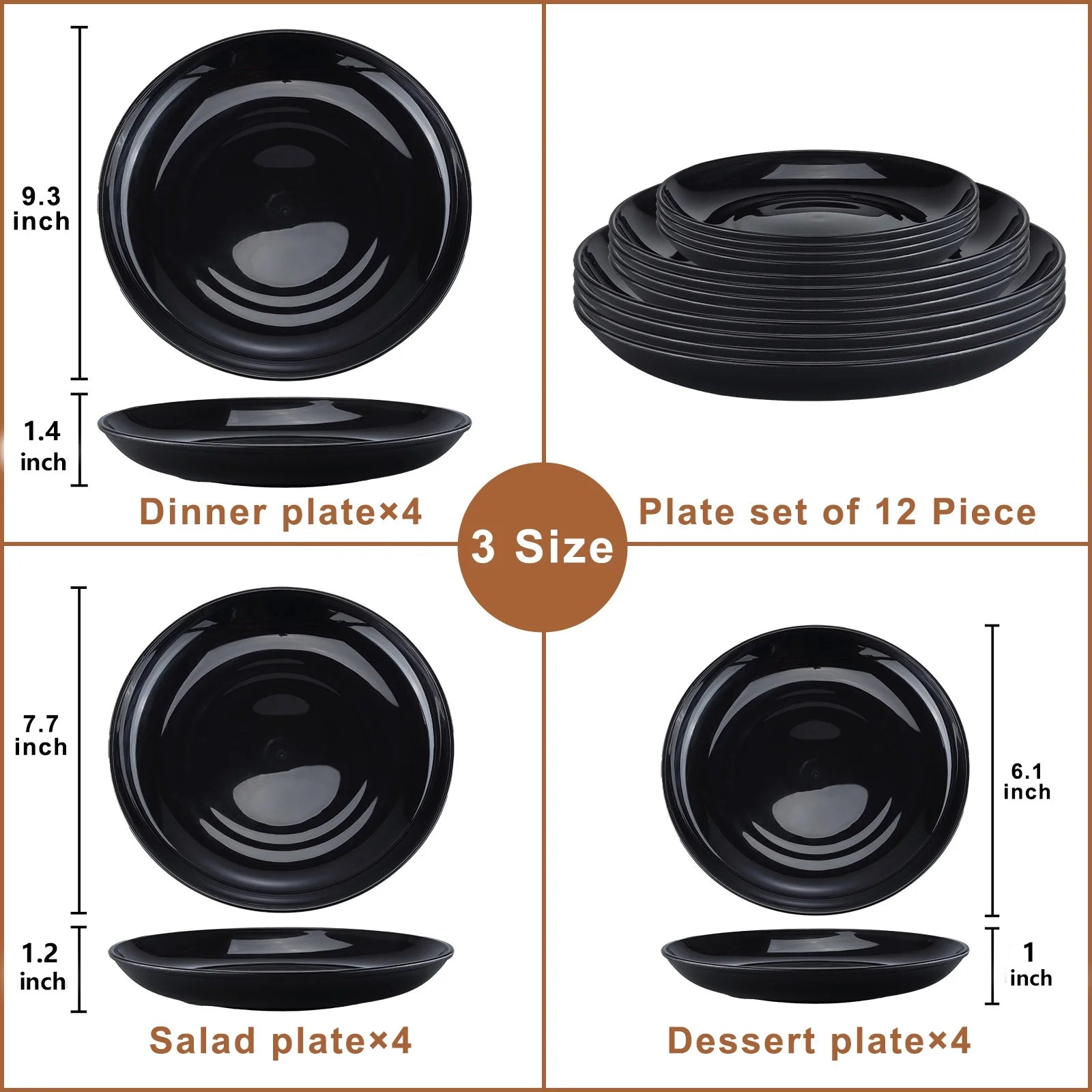 12 Pack Dinner Plates Set Black Dinnerware, Reuseable Bpa-Free Dinner Plates, Salad Plates, Dessert Plates, 3 Size Lightweight Unbreakable Plates, Microwave and Dishwasher Safe