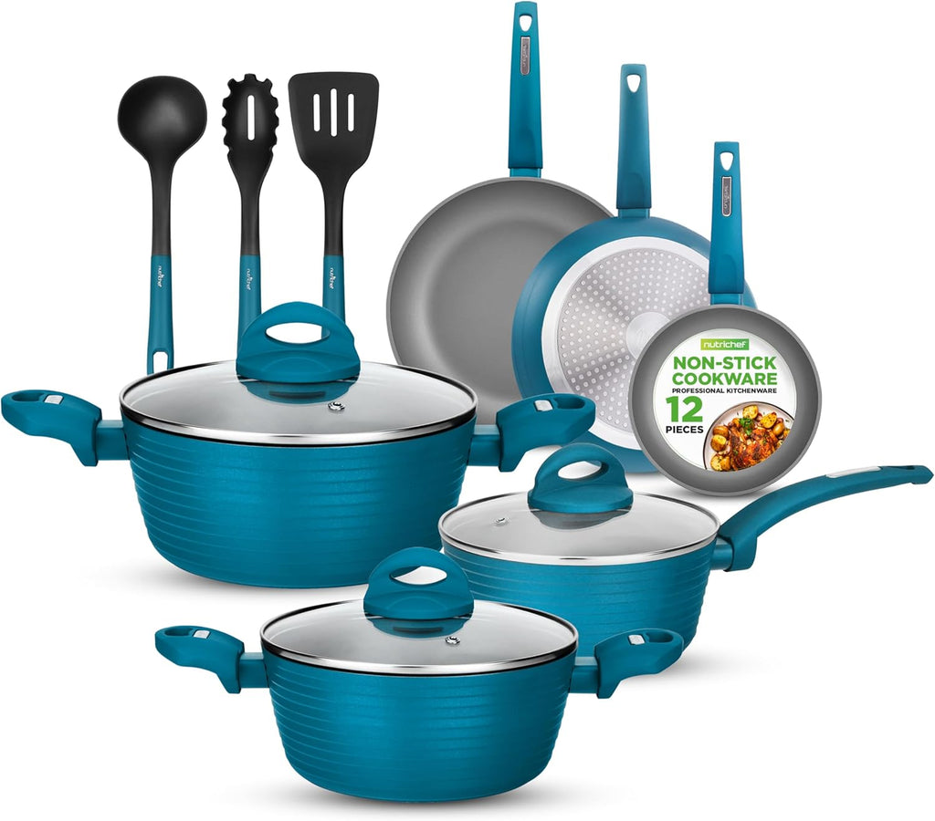 Professional 12-Piece Nonstick Cookware - Pfoa/Pfos-Free, Heat Resistant Lacquer, Elegant Design, Multi-Sized Pots and Pans, Teal/Gray/Green