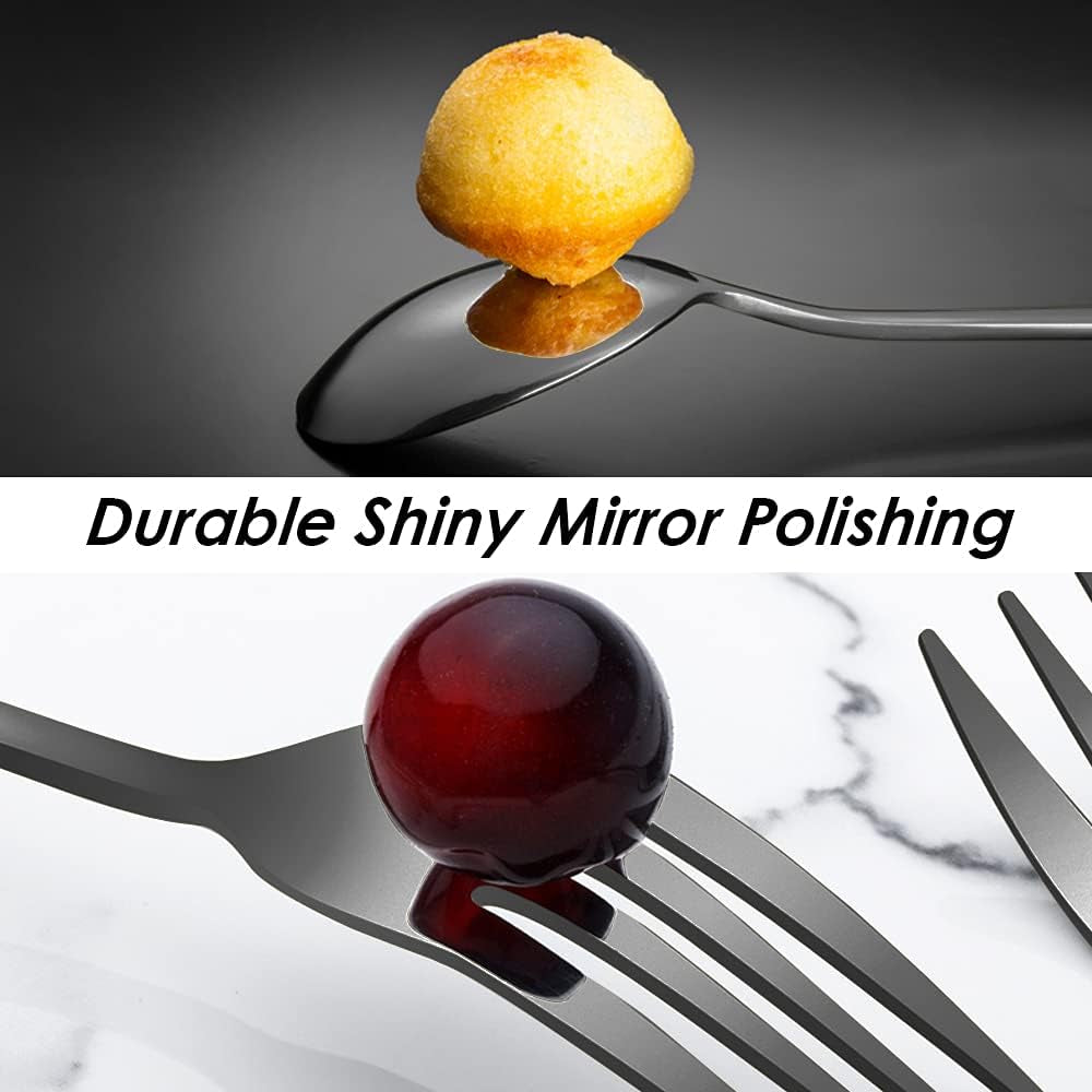 Set of 12, Black Plated Stainless Steel Dinner Forks and Spoons,  Heavy-Duty Forks (8 Inch) and Spoons (7 Inch) Cutlery Set- Black