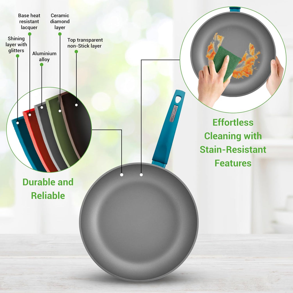 Professional 12-Piece Nonstick Cookware - Pfoa/Pfos-Free, Heat Resistant Lacquer, Elegant Design, Multi-Sized Pots and Pans, Teal/Gray/Green