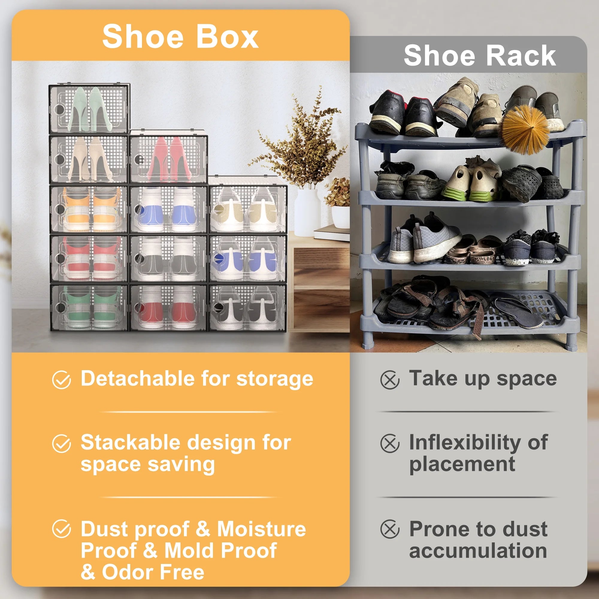 X-Large Shoe Storage Boxes,12 Pack Shoe Storage Organizers,Clear Stackable Shoe Boxes for Closet,Foldable Shoe Racks,Sneaker Storage Boxes (Black)