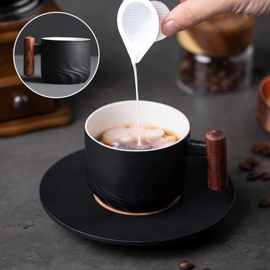 Ceramic Espresso Cups with Wooden Handle Espresso Shot Cups Ceramic Tea Cups Porcelain Demitasse Cups for Coffee or Tea, Coffee Mug Cup with Wood Handle, Retro Tea Mug Cups