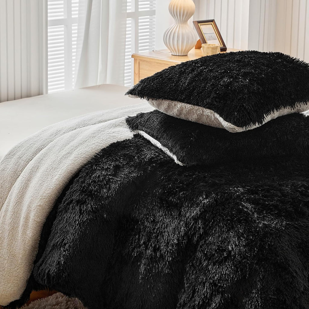 Black Faux Fur Comforter Set Queen 3 Pieces - 1 Black Shaggy Comforter Set 90X90 and 2 Pillowcases, Ultra Soft and Easy Care Luxury Plush Shaggy Duvet Set