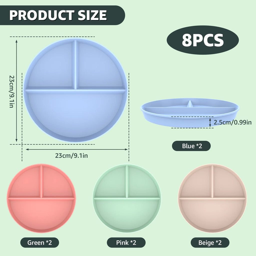 8Pcs 9Inch Divided Dinner Plates Unbreakable Portion Control Dinner Plates Reusable Plastic Baby Plates Stackable Divider Plates Microwave Safe for Kids Adults Dinner