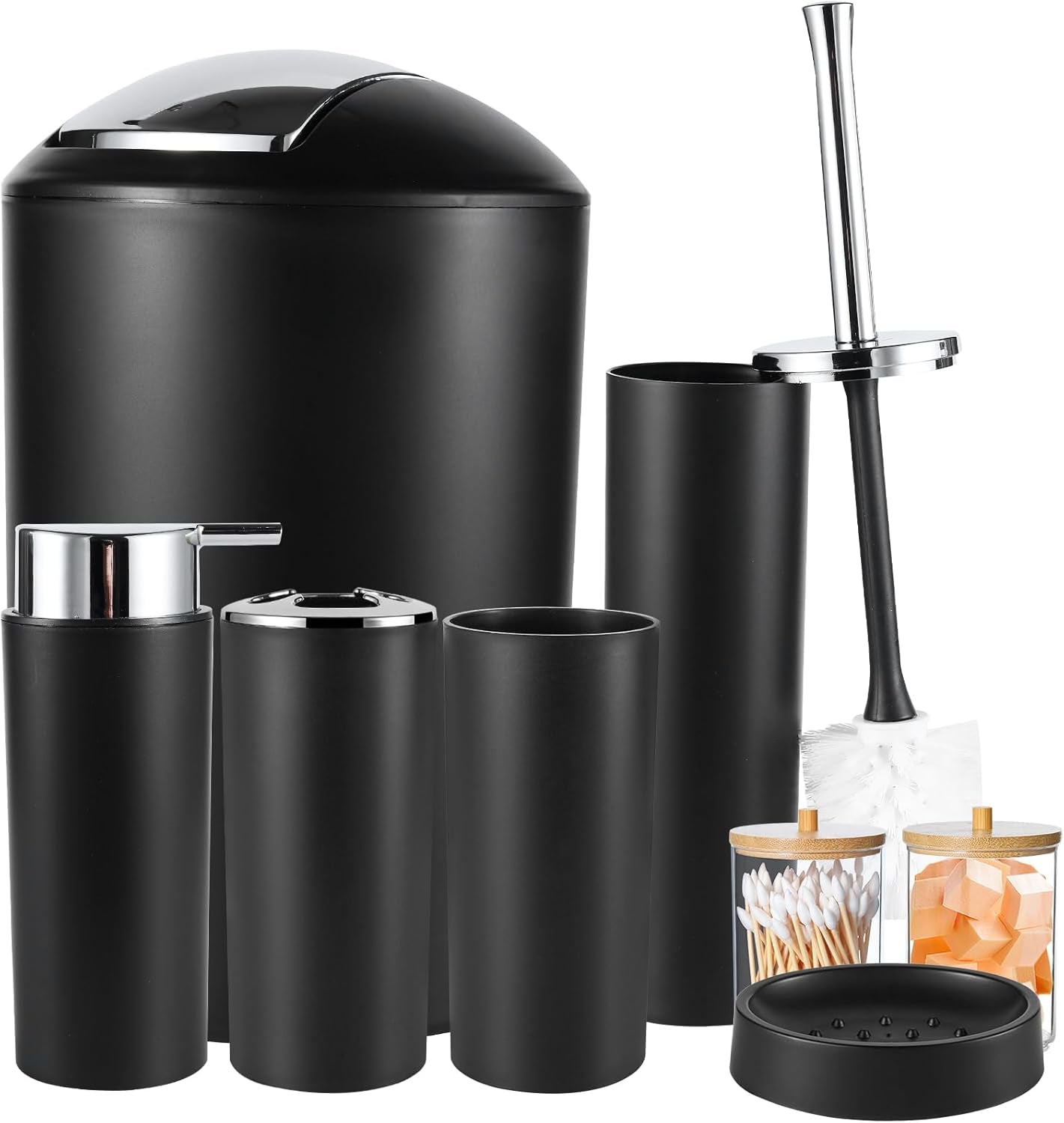 8Pcs Black Bathroom Accessories Set with Trash Can Toothbrush Holder Soap Dispenser Soap and Lotion Set Tumbler Cups Qtip Holder