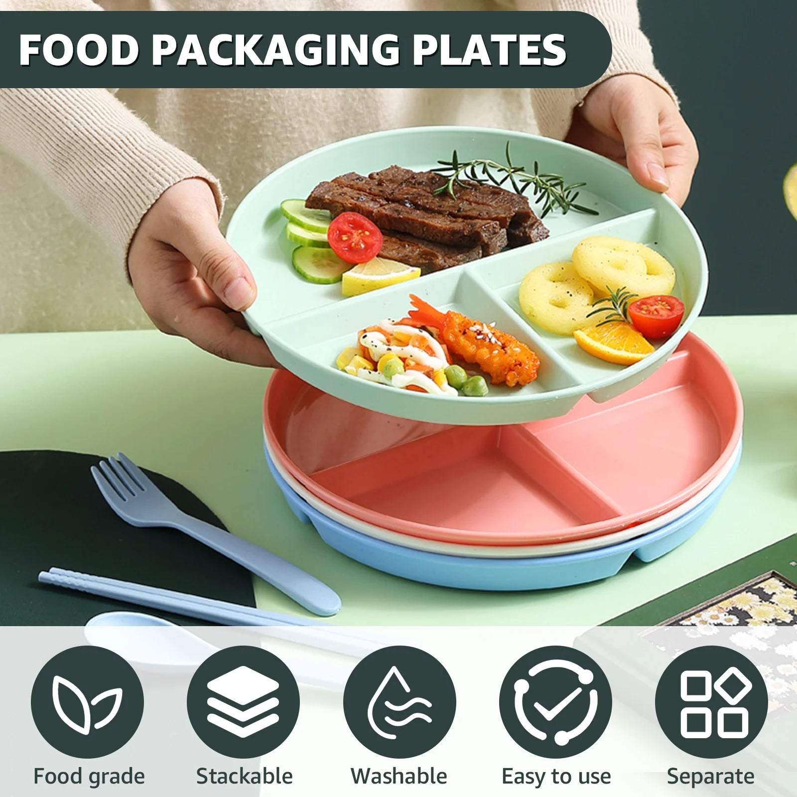 8Pcs 9Inch Divided Dinner Plates Unbreakable Portion Control Dinner Plates Reusable Plastic Baby Plates Stackable Divider Plates Microwave Safe for Kids Adults Dinner