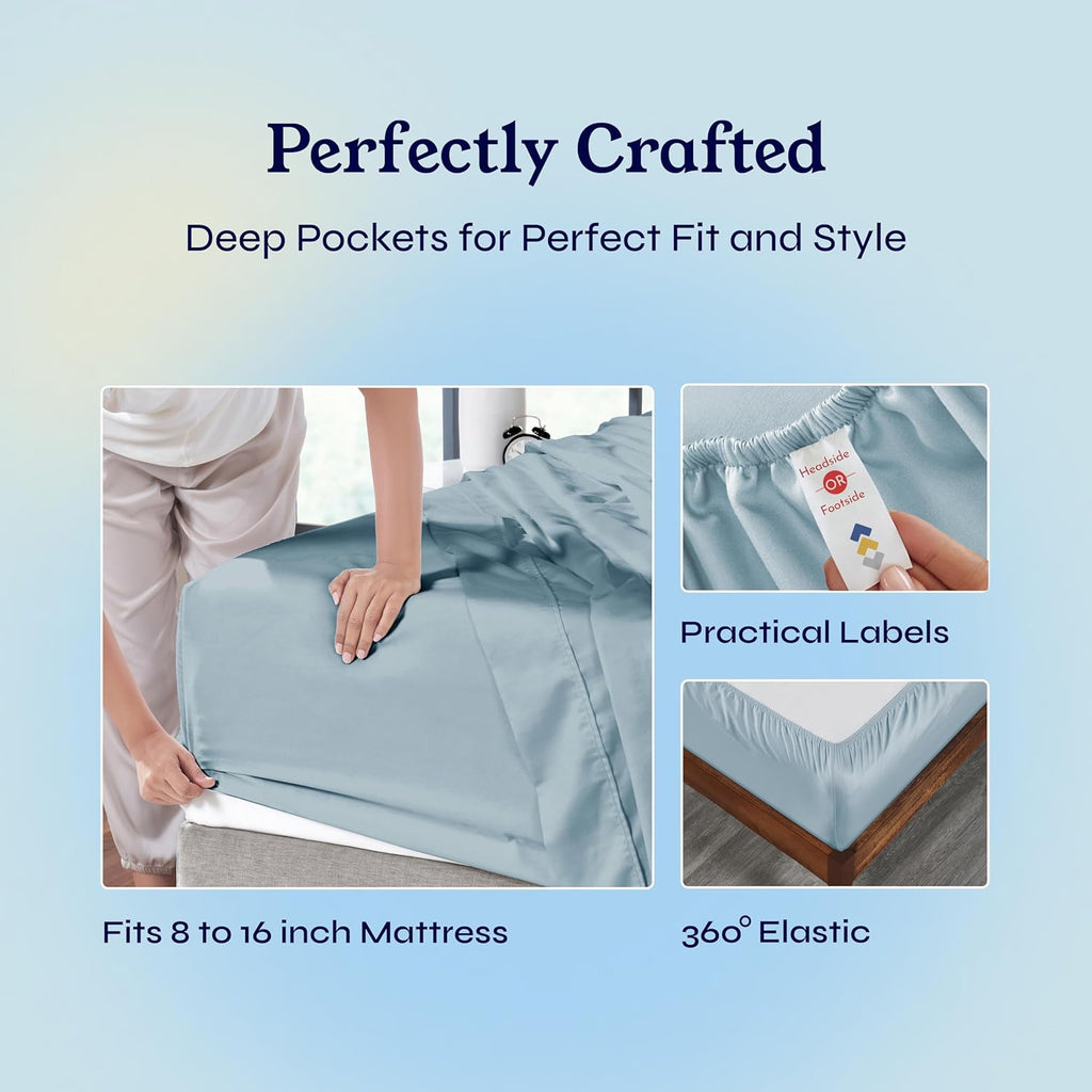 Queen Sheet Set - Soft 400 Thread Count Sateen, Natural 100% Cotton Sheets for Queen Size Bed, Deep Pockets for a Snug Fit, Durable Bedding - Sky Blue