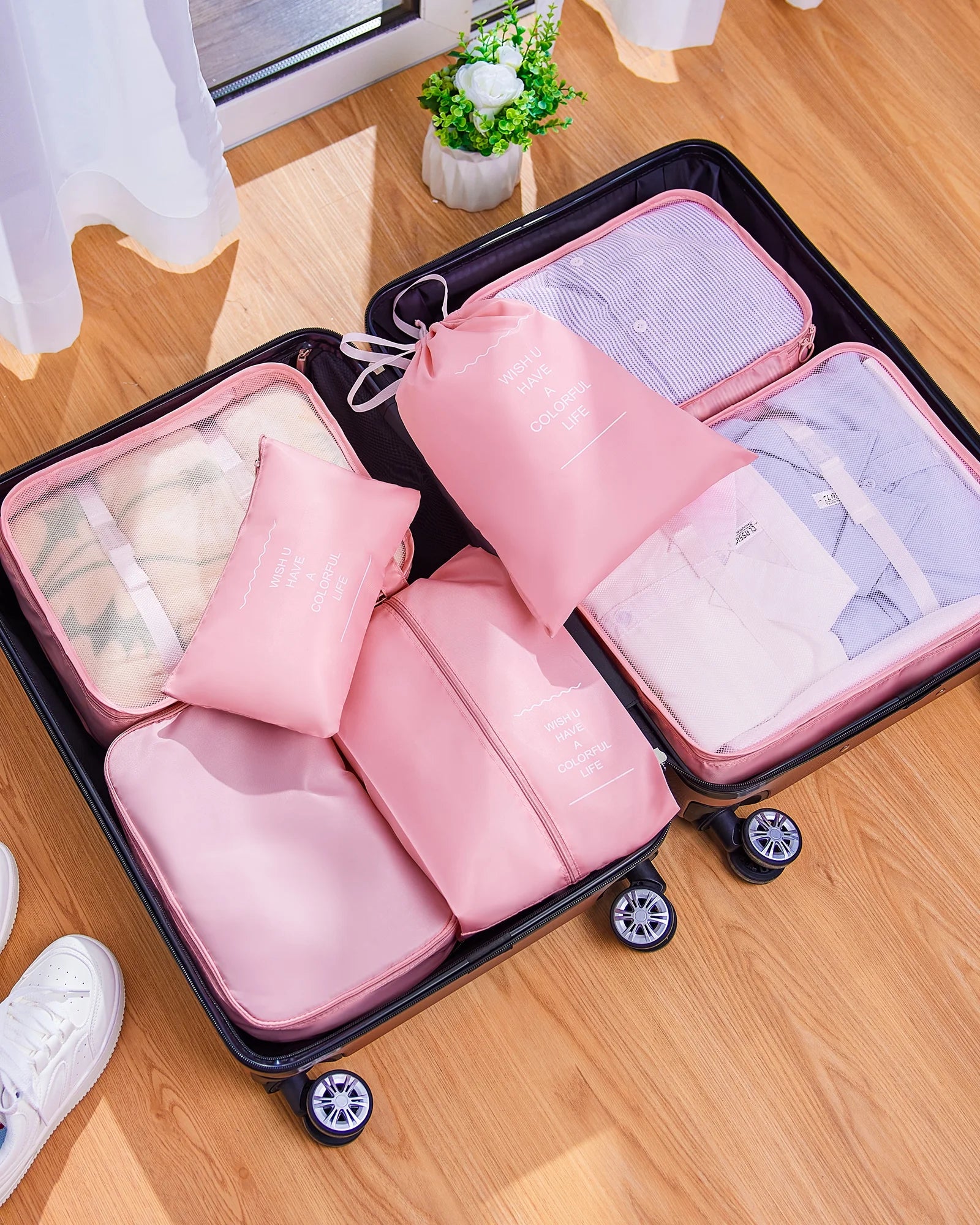 4 Piece Luggage Sets with 7 Pieces Organizer Bags, 20/24/28/32 Inch ABS Carry-On and Checked Suitcase Large Travel Sets, Rose