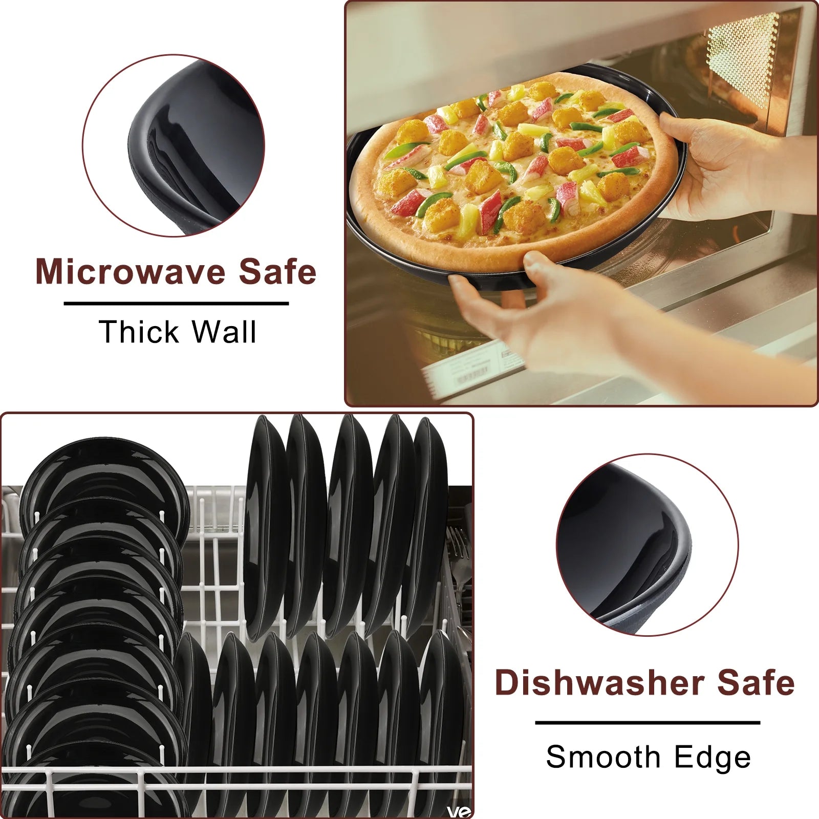 12 Pack Dinner Plates Set Black Dinnerware, Reuseable Bpa-Free Dinner Plates, Salad Plates, Dessert Plates, 3 Size Lightweight Unbreakable Plates, Microwave and Dishwasher Safe