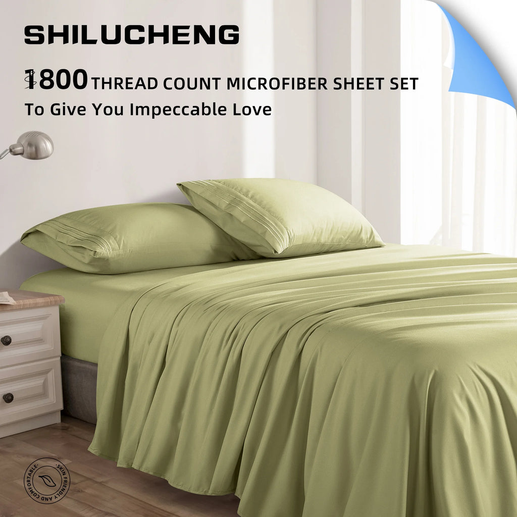 4 Pieces Luxury Bed Sheets Set, 1800 Series Cooling Microfiber Bed Sheets, 16" Deep Pocket, King, Green