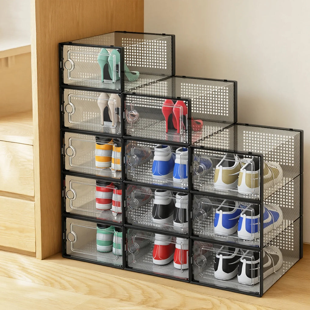 X-Large Shoe Storage Boxes,12 Pack Shoe Storage Organizers,Clear Stackable Shoe Boxes for Closet,Foldable Shoe Racks,Sneaker Storage Boxes (Black)