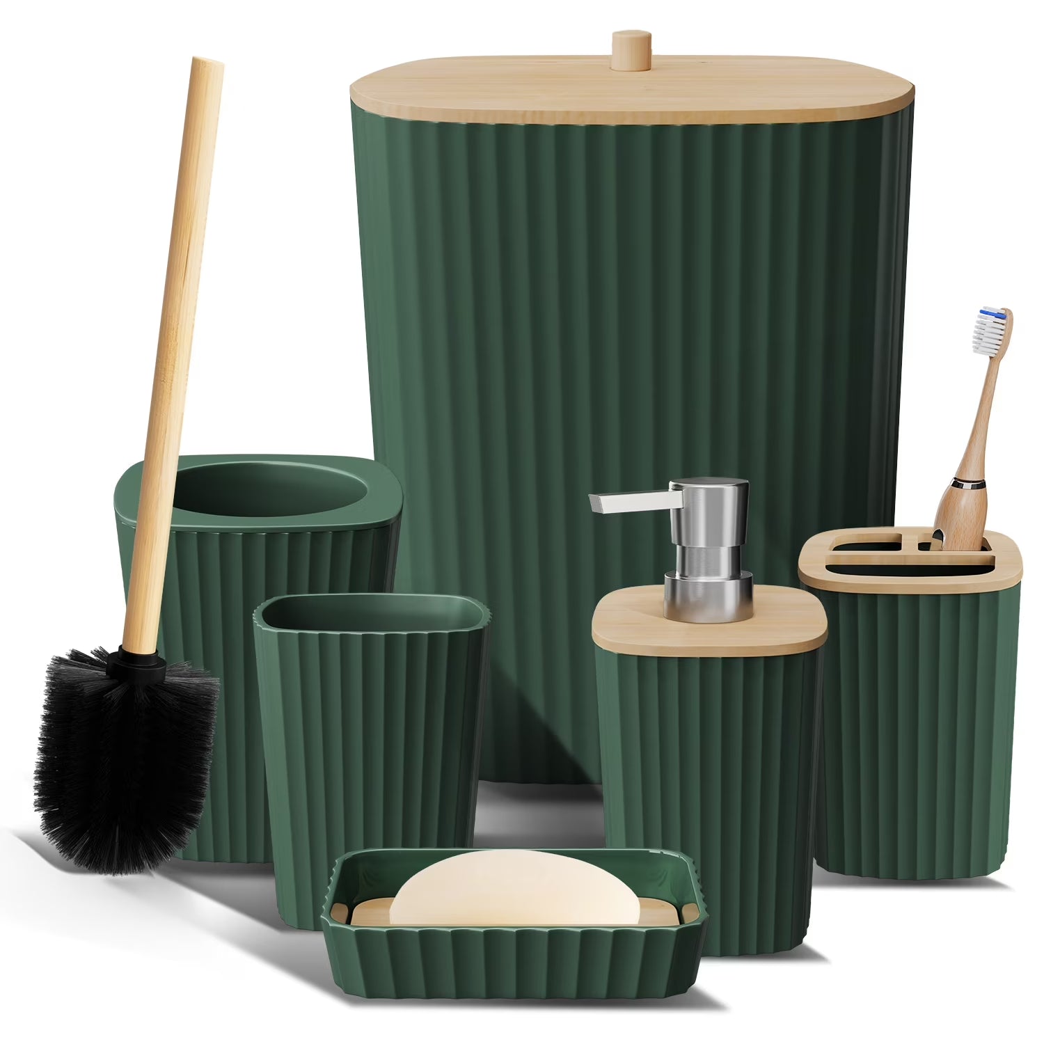 Virtu 6 Piece Bamboo Bathroom Sets, Hunter Green Bathroom Accessories Set for Minimalistic Bathroom Décor