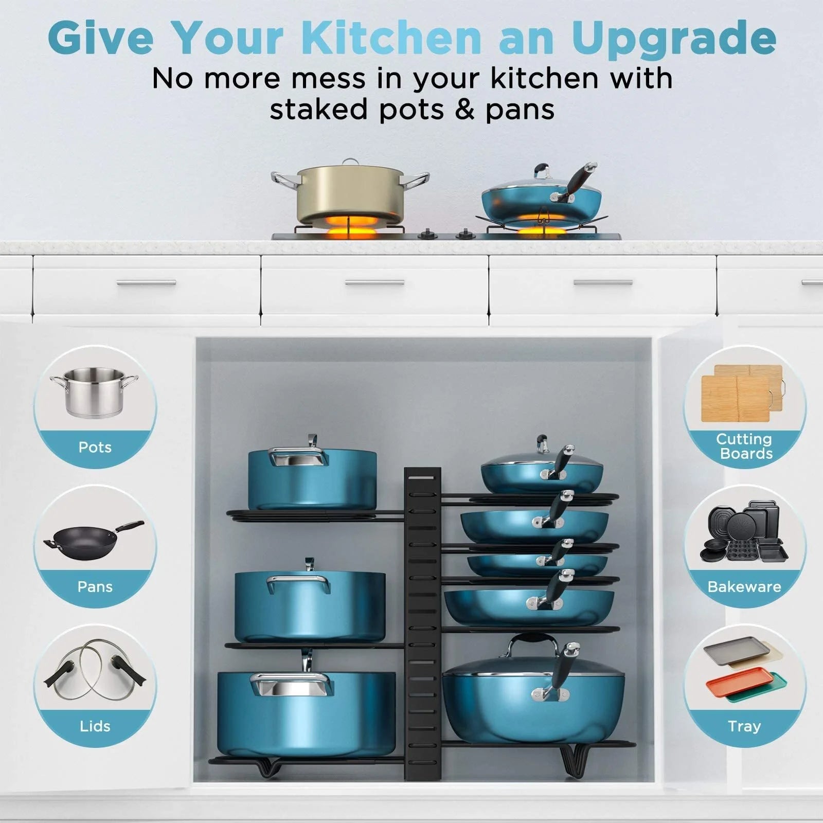 Pot Organizer Rack 8 Tiers Pots and Pans Organizer, Pot Lid Organizer for Kitchen Cabinet Cookware Organizers and Storage,Upgraded
