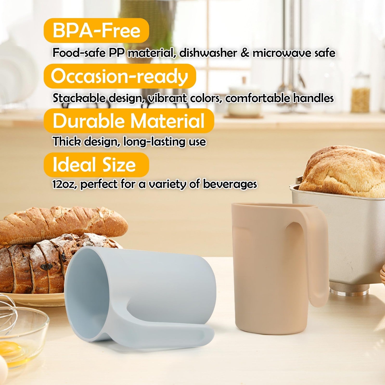 4 Plastic Stackable Coffee Mugs with Handles, Unbreakable Drinking Glasses, 12Oz