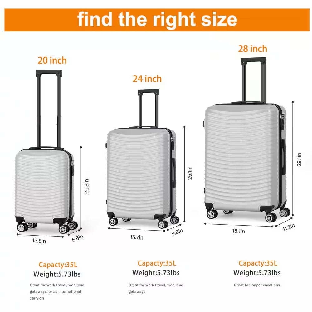 3 Piece Luggage Set Suitcase Spinner Hardshell Lightweight ABS TSA Lock Spinner Carry on (Silver)