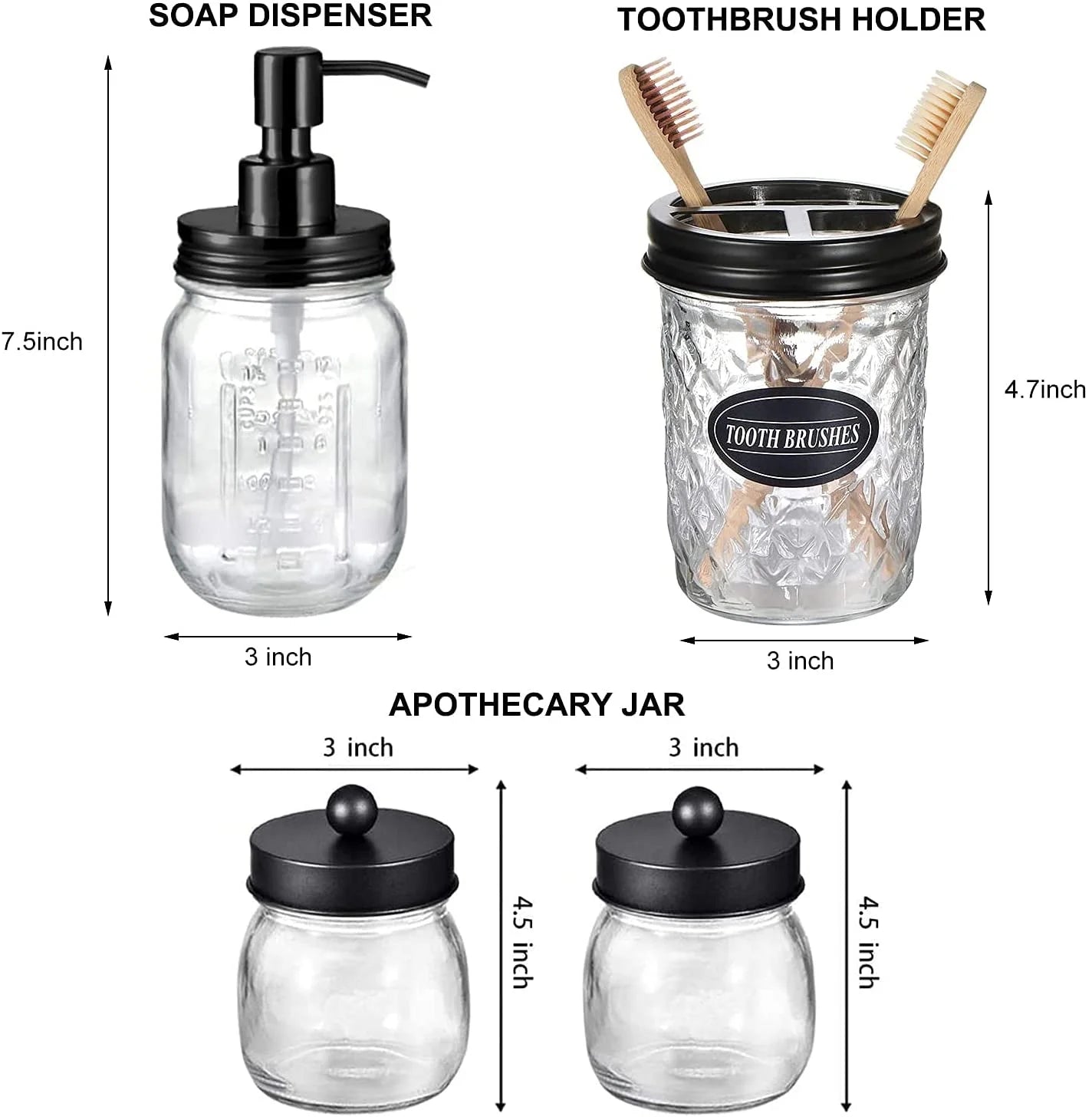 Premium Mason Jar Bathroom Accessories Set (4PCS) - Lotion Soap Dispenser,Toothbrush Holder,2 Apothecary Jars- Rustic Farmhouse Decor (Black)