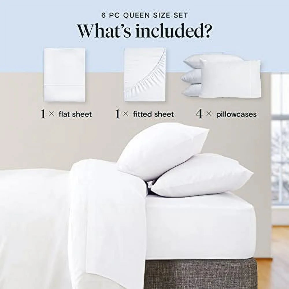 Cooling Sheet, 6 Piece Ultra Soft Microfiber Bed Sheets & Pillowcases, Queen - White