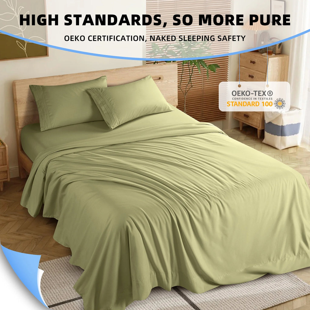 4 Pieces Luxury Bed Sheets Set, 1800 Series Cooling Microfiber Bed Sheets, 16" Deep Pocket, King, Green