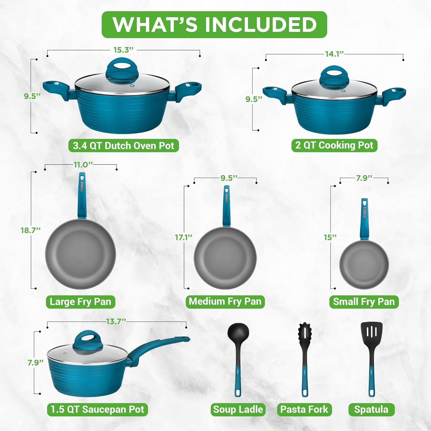 Professional 12-Piece Nonstick Cookware - Pfoa/Pfos-Free, Heat Resistant Lacquer, Elegant Design, Multi-Sized Pots and Pans, Teal/Gray/Green
