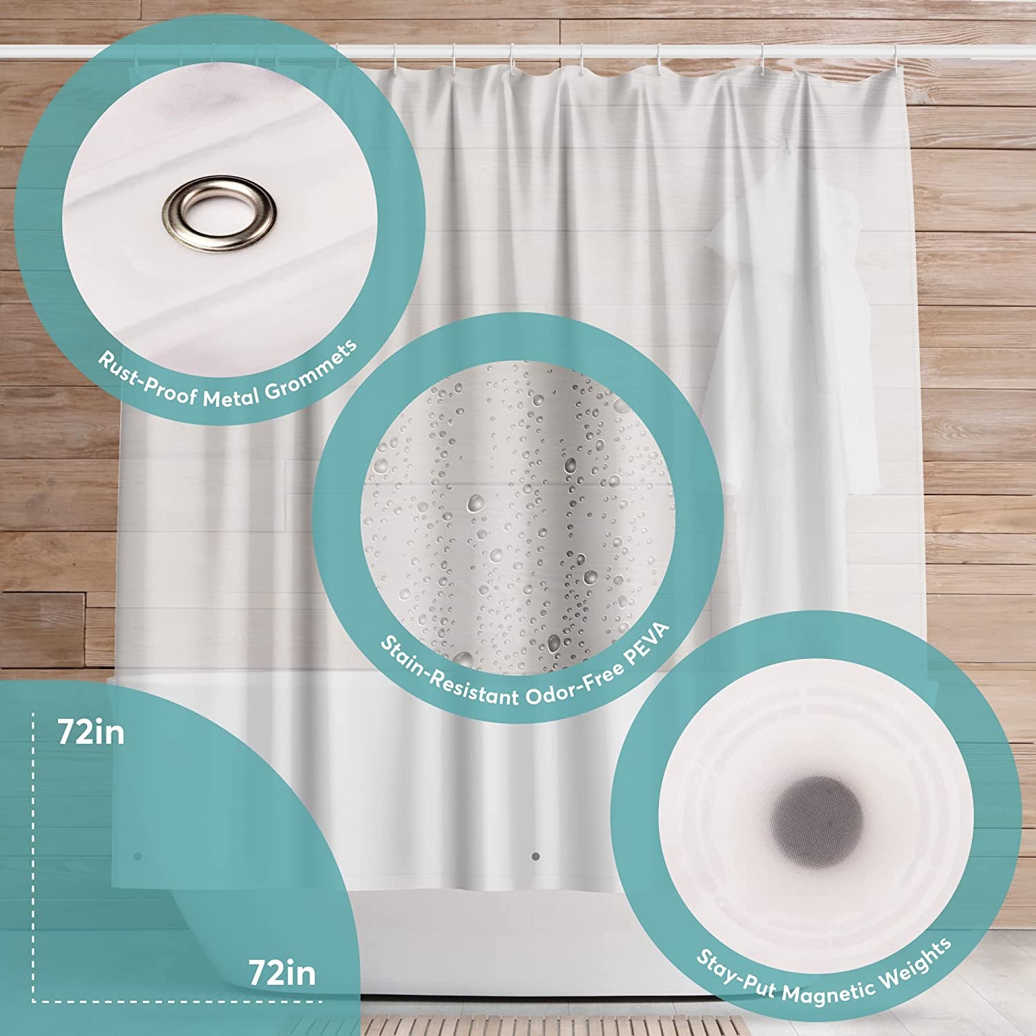 Clear Shower Curtain Liner - 72X72 Odorless Plastic with Magnets, Washable Long Bathroom Curtain - Premium PEVA Waterproof Bath Shower Liner, Rust-Proof Bathroom Essentials